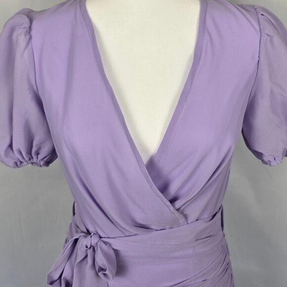 NWT PrettyLittleThing Lilac Puff Sleeve Wrap Mini Dress Size 4 Ruffle Hem - Picture 6 of 6